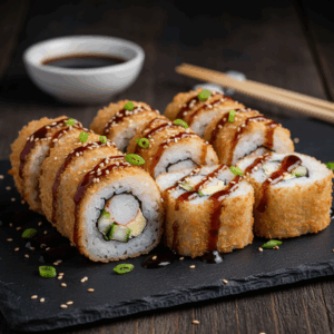 flavours-and-rolls-lloydminster-alberta-saskatchewan-canada-fried-california-roll-deep-fried-california-roll-with-teriyaki-sauce-drizzle